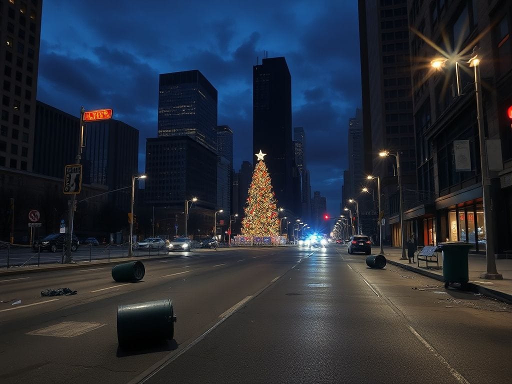 Flick International Nighttime cityscape of downtown Chicago after violent unrest with scattered debris and illuminated skyline