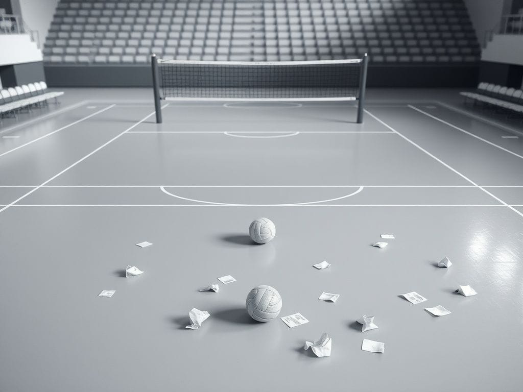 Flick International Empty volleyball court with a single volleyball, symbolizing the aftermath of the SJSU team's struggles