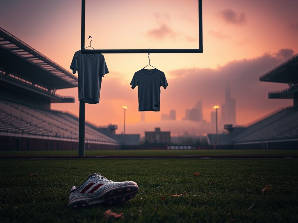Flick International An empty football field at dusk with unmarked jersey and discarded cleats symbolizing uncertainty