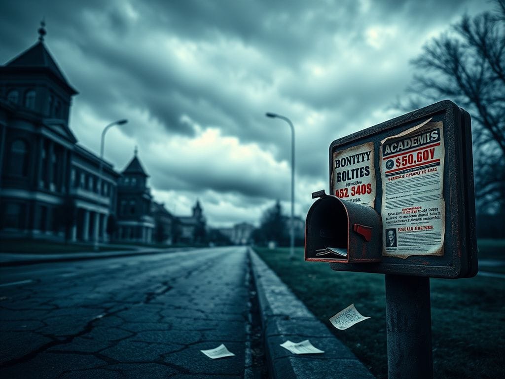 Flick International Dark, foreboding landscape of a desolate street with university buildings and a noticeboard featuring bounties on Israeli academics