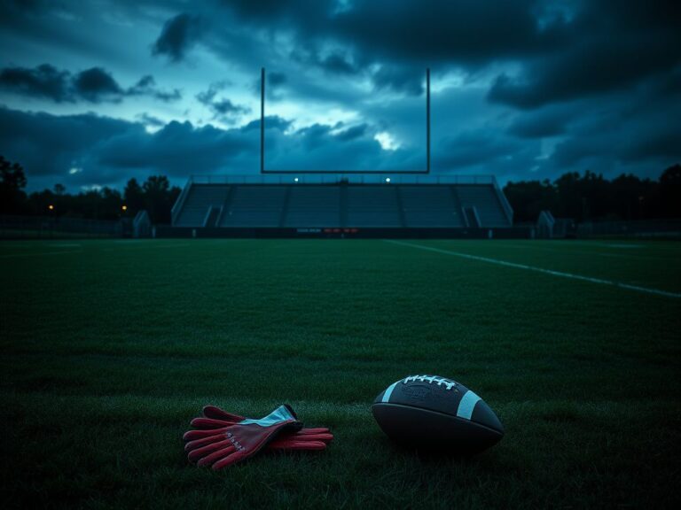 Flick International Somber football field at dusk with abandoned gloves symbolizing players' absence after a stabbing incident