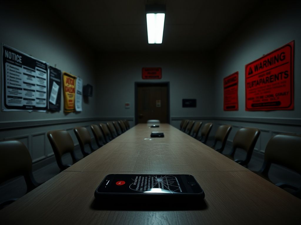 Flick International A tense and desolate school board meeting room with a long table and ominous symbols of threats.