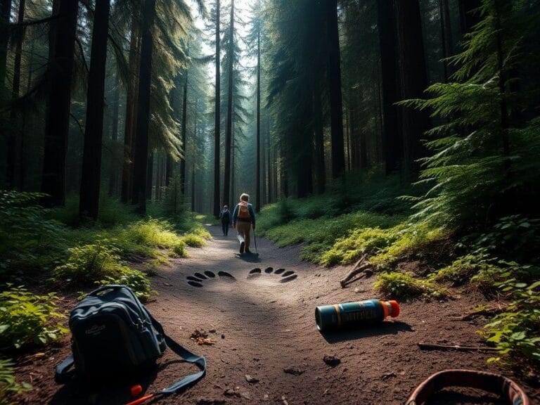 Flick International Dramatic forest scene in Bella Coola, showcasing a school trail and hiking gear remnants.