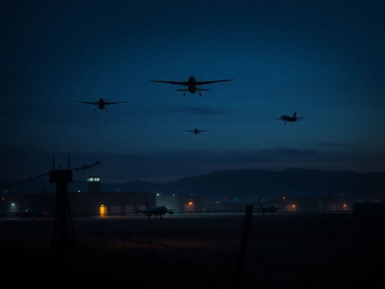 Flick International drones hovering over a military base in Belgium at twilight