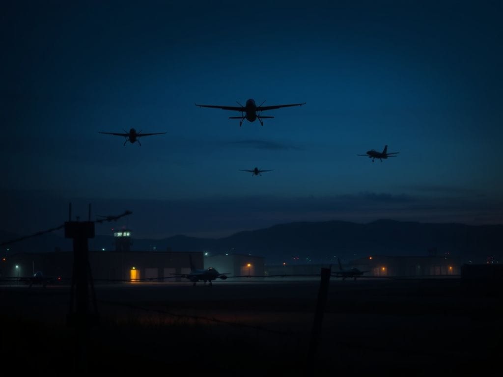 Flick International drones hovering over a military base in Belgium at twilight