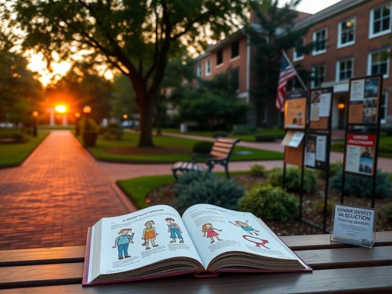 Flick International Tranquil university courtyard with academic buildings at sunset, showcasing an open textbook on gender identity discussions.