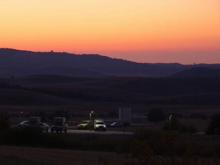 Flick International A serene Texas sunset with a silhouetted National Guard base and military vehicles in the foreground.