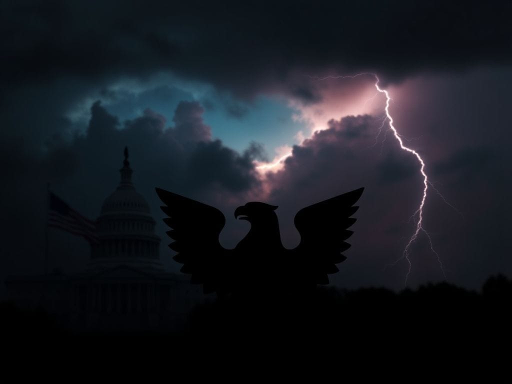Flick International Shadowy silhouette of a military emblem set against a stormy sky