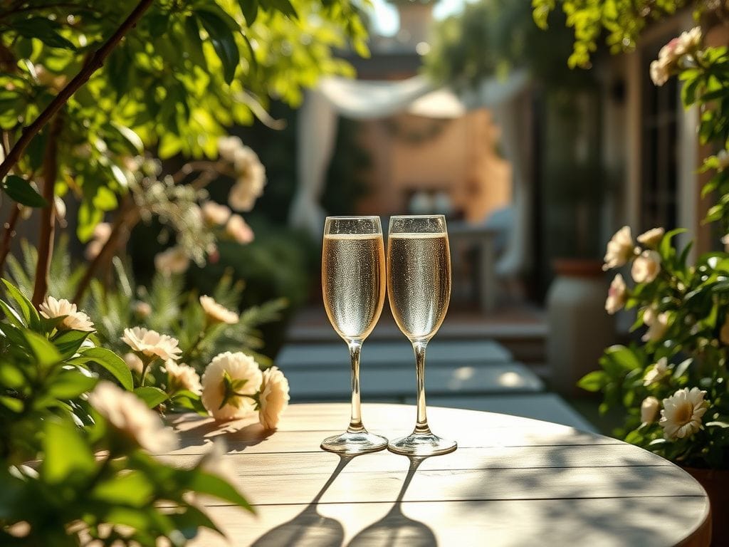 Flick International Two wine glasses filled with sparkling water on a beautifully set wooden table in a lush garden