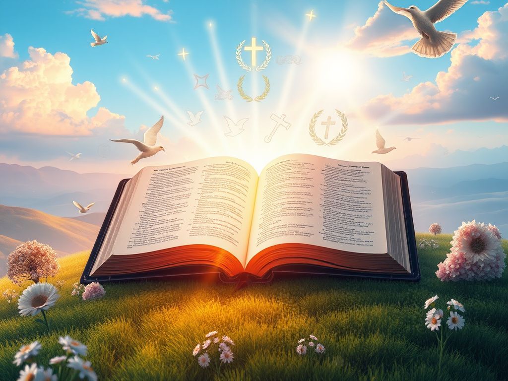 Flick International Open Bible radiating hope with light and symbols of faith