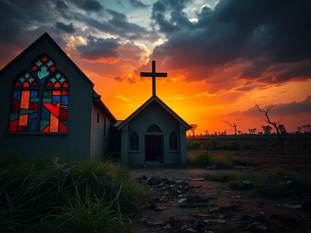 Flick International Aftermath of a church attack in Nigeria with broken stained glass windows