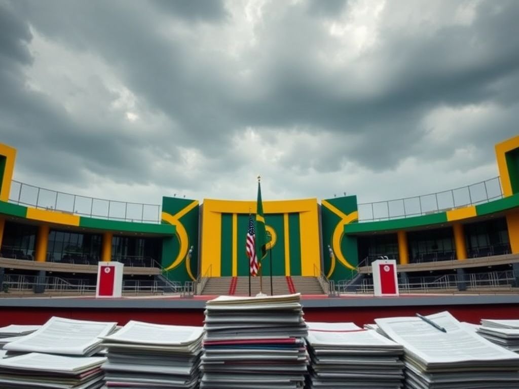 Flick International Dramatic G20 summit venue in Johannesburg with empty podiums and an American flag.
