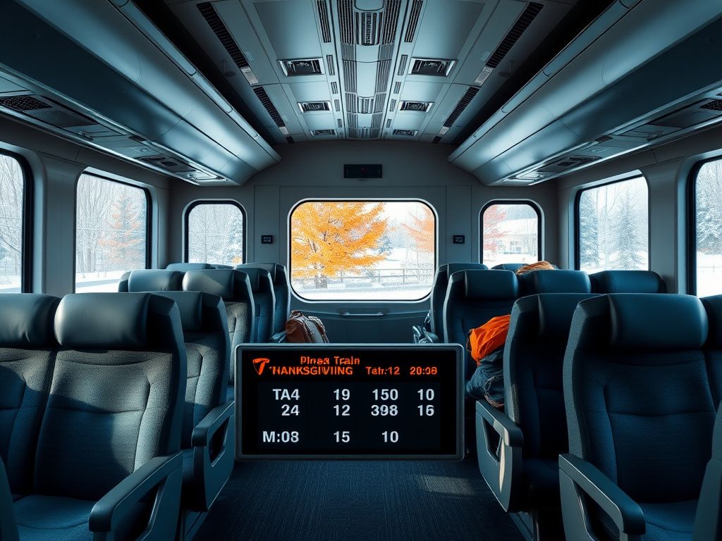 Flick International Spacious Amtrak train interior with plush seating and snowy landscape views