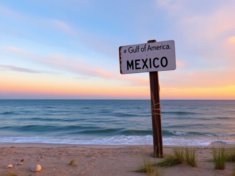 Flick International Dramatic coastal scene at dawn showcasing the Gulf of Mexico with a signpost reading 'Gulf of America'.
