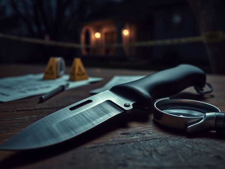 Flick International Close-up of a Ka-Bar knife sheath on a wooden table surrounded by forensic tools and investigative papers.