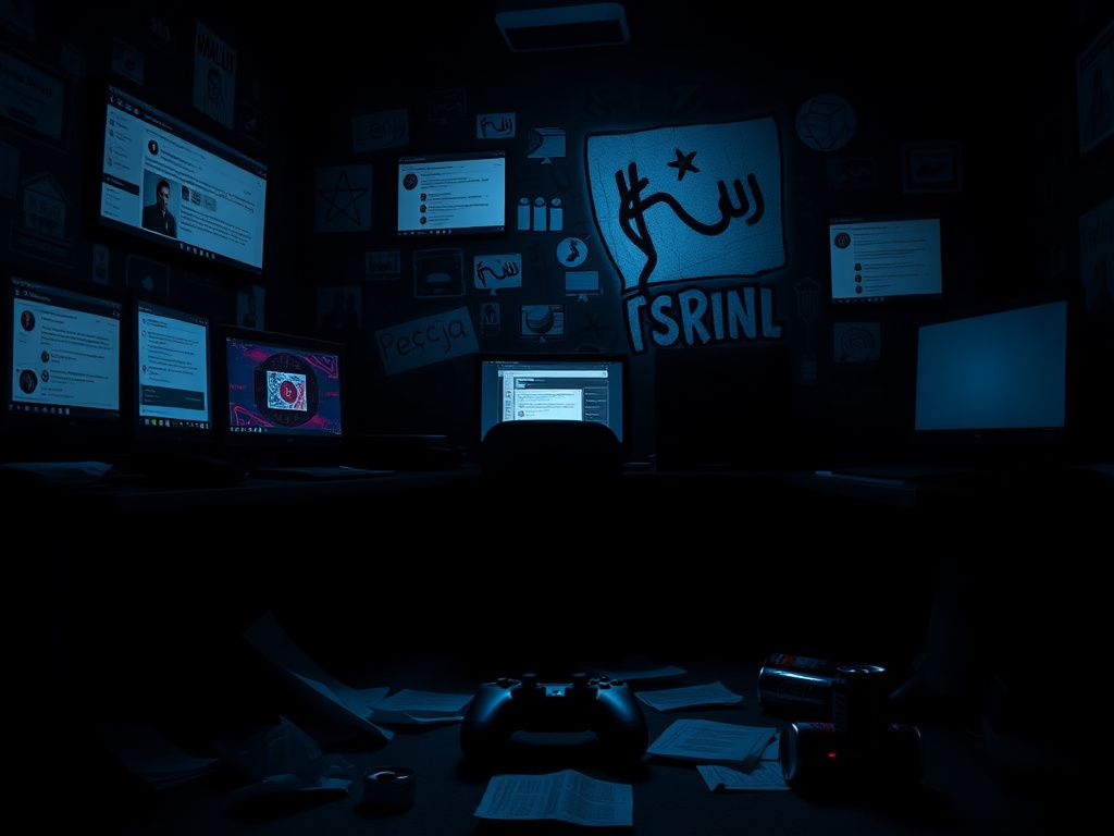 Flick International A dark, ominous room with computer screens illuminating an isolated space filled with digital graffiti and gaming culture items.