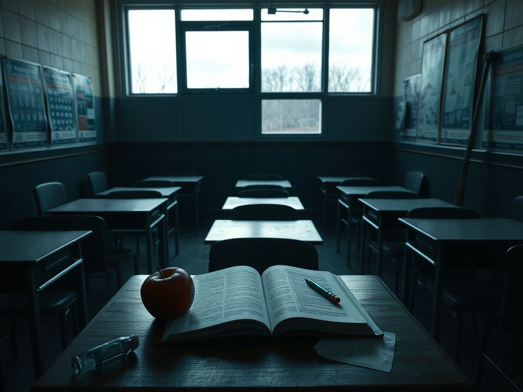Flick International A dimly lit classroom representing neglect and betrayal