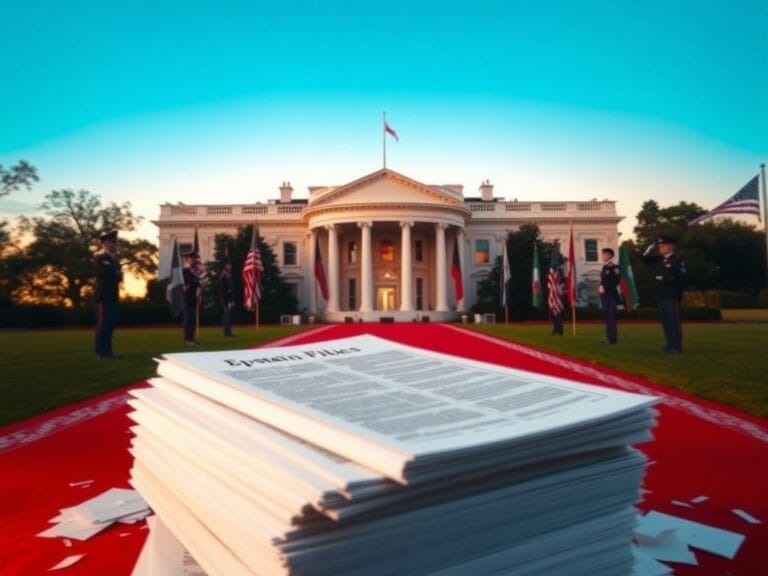Flick International Dramatic exterior view of the White House with a red carpet and U.S. flags