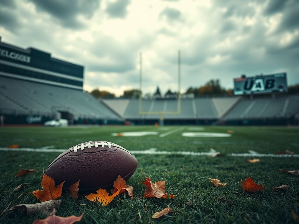 Flick International Empty football stadium with a football on the grass and autumn leaves, symbolizing a paused game