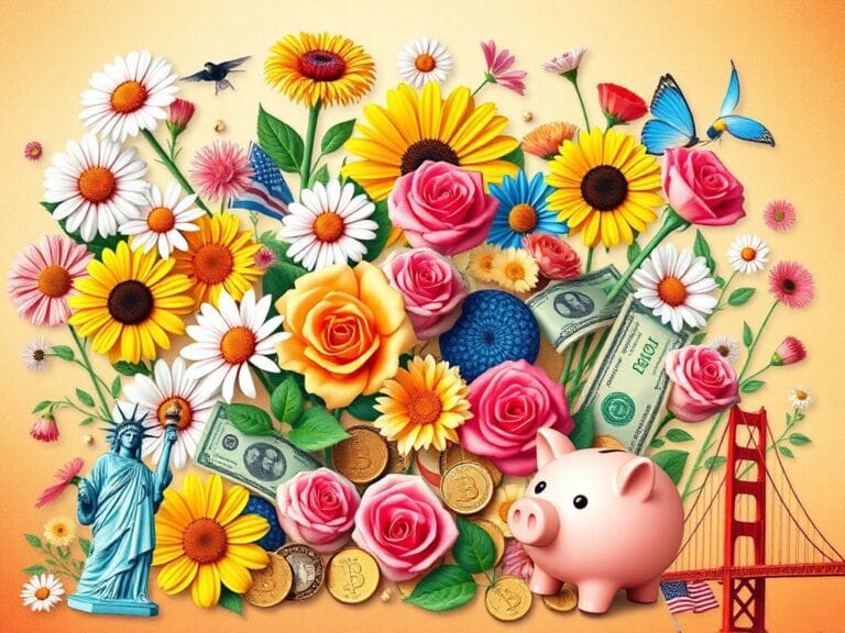 Flick International A vibrant collage of American culture featuring blooming flowers and currency symbols