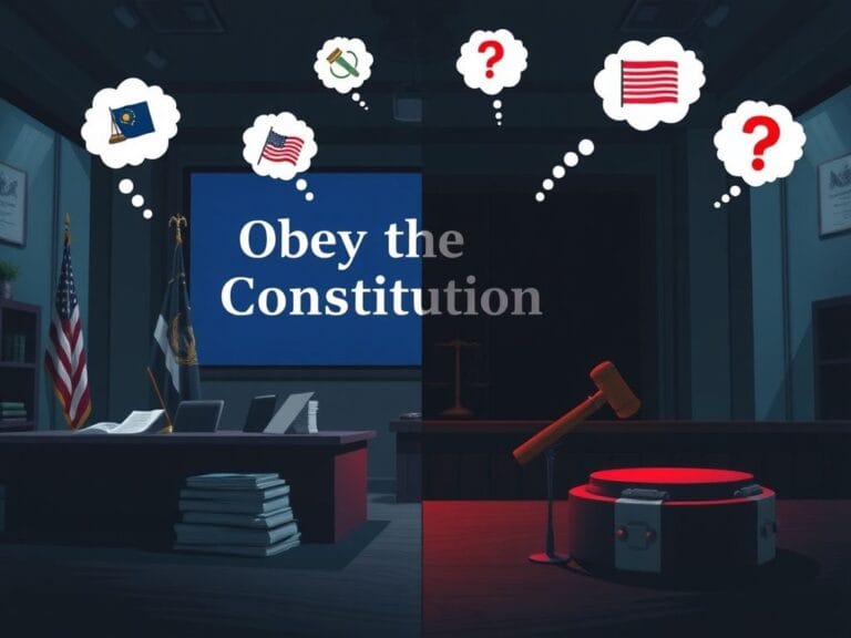 Flick International Tense scene of a military command center contrasting with a courtroom, representing the conflict between lawful orders and civil disobedience