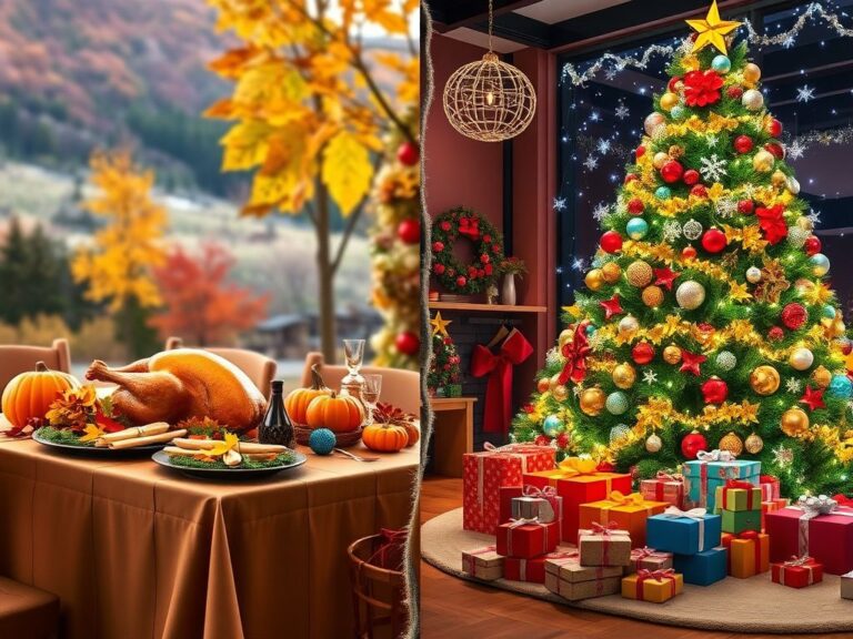 Flick International A split scene showcasing the contrast between a cozy Thanksgiving table with a roasted turkey and a vibrant Christmas display with festive decorations.