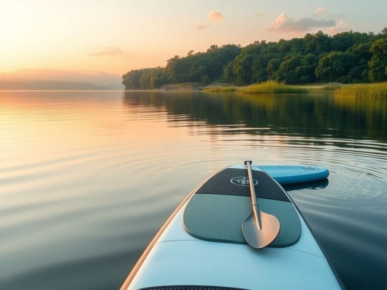 Flick International Tranquil paddleboarding scene at sunrise over a glassy lake