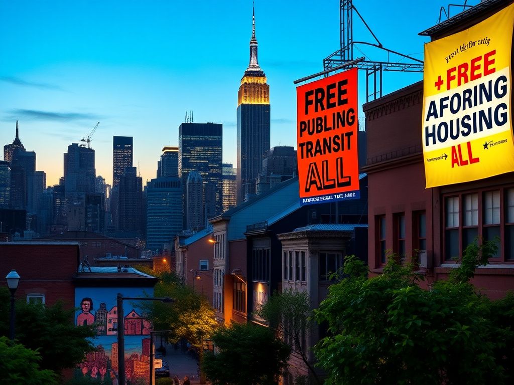 Flick International Bustling urban street in New York City at dusk showcasing socialist activism