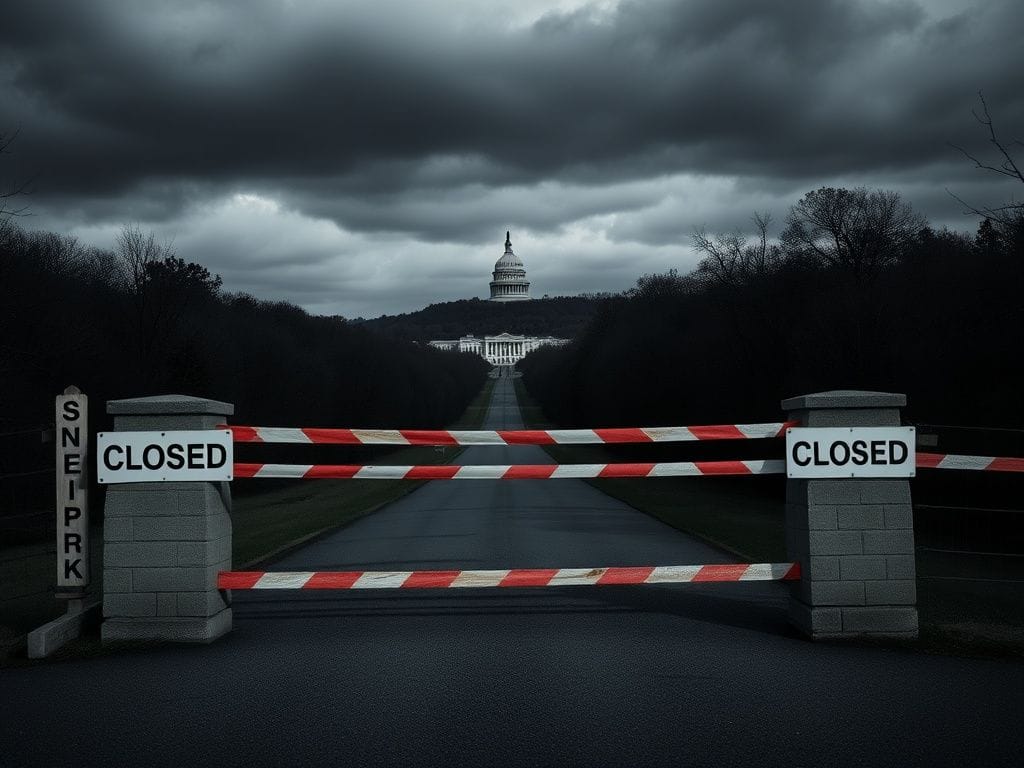 Flick International A closed national park entrance with barricades and 'Closed' signs under a heavy sky.