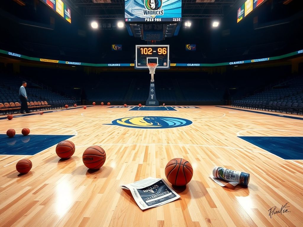 Flick International Dynamic basketball court scene illuminated at night with scattered basketballs