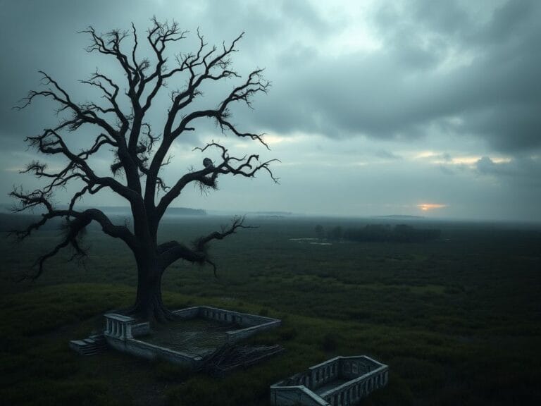 Flick International Dark landscape of the South Carolina Lowcountry with a twisted oak tree and remnants of a dilapidated estate