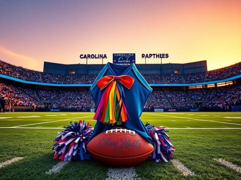 Flick International Vibrant scene of a Carolina Panthers game day with a cheerleader uniform draped over a football