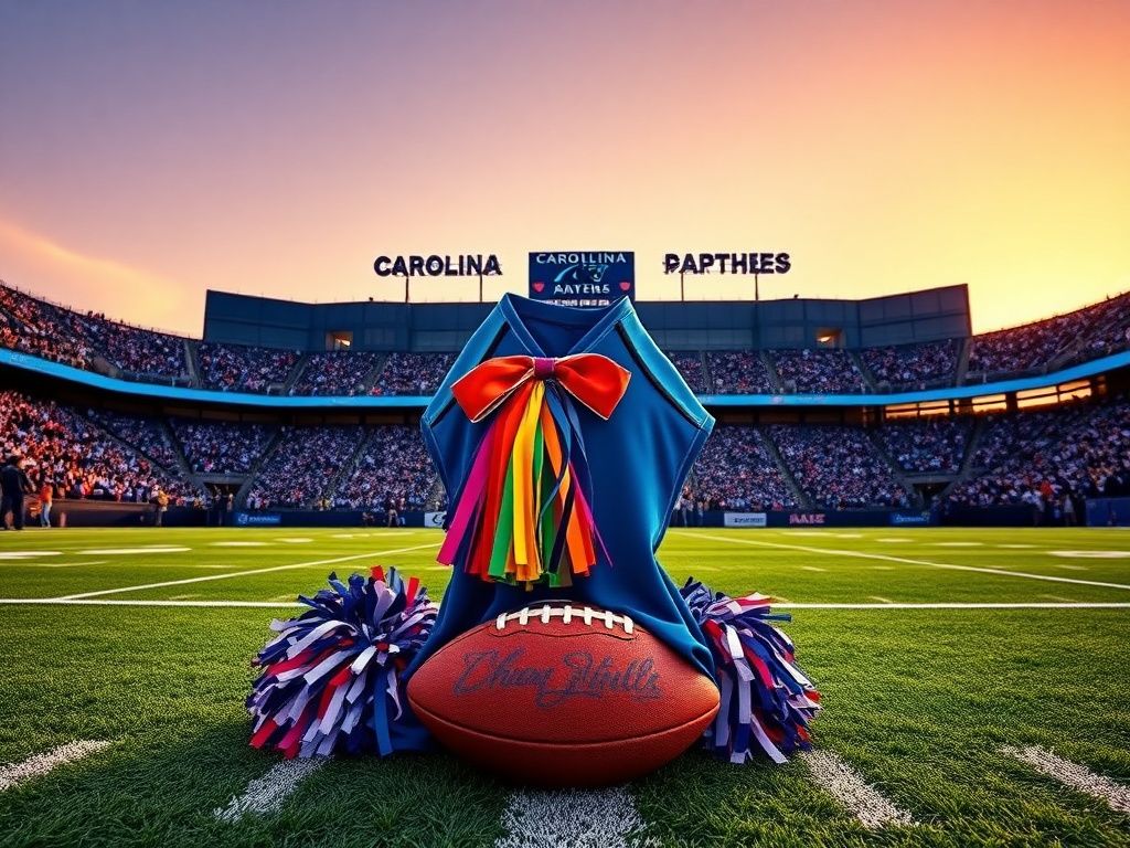 Flick International Vibrant scene of a Carolina Panthers game day with a cheerleader uniform draped over a football