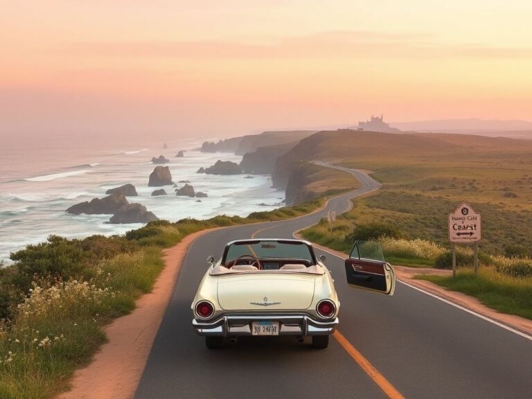 Flick International Vintage 1960s California coastal road trip scene with vibrant wildflowers and a classic convertible car