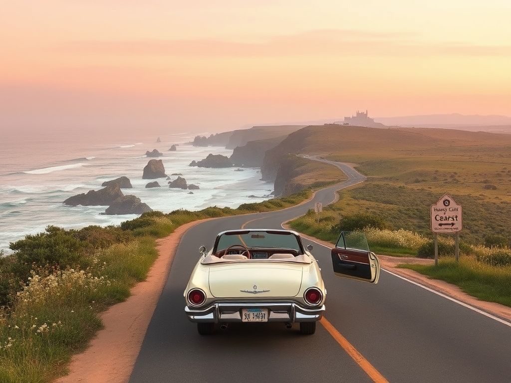 Flick International Vintage 1960s California coastal road trip scene with vibrant wildflowers and a classic convertible car
