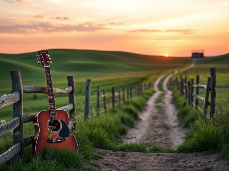 Flick International Serene country landscape at sunrise with vintage acoustic guitar