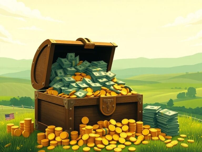 Flick International Conceptual image of a treasure chest overflowing with cash and gold coins representing tariff revenue.