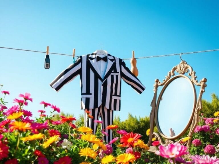 Flick International Cartoonish, oversized Beetlejuice striped suit hanging on a clothesline against a bright blue sky