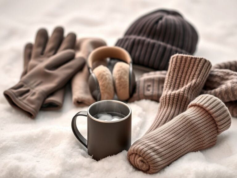 Flick International Cozy winter scene with heated gloves, Bluetooth earmuffs, and a smart mug against a snowy background.