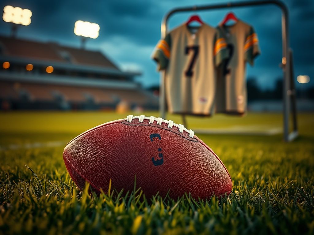 Flick International Close-up of a football on freshly cut grass with stadium lights in the background