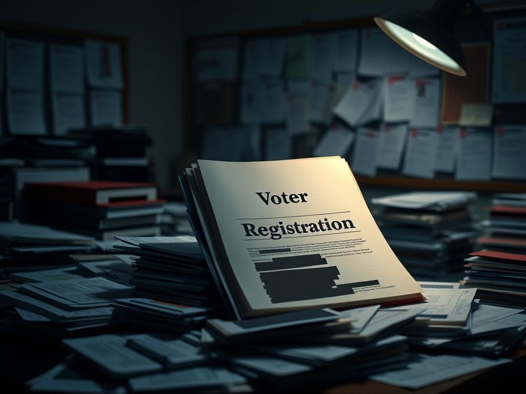 Flick International Dimly lit office with cluttered desk featuring redacted documents and a prominent 'Voter Registration' file