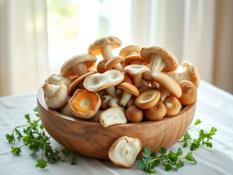 Flick International A whimsical still life arrangement of various mushrooms in a rustic wooden bowl.