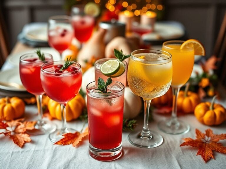 Flick International A beautifully arranged Thanksgiving table showcasing colorful mocktails in elegant glassware
