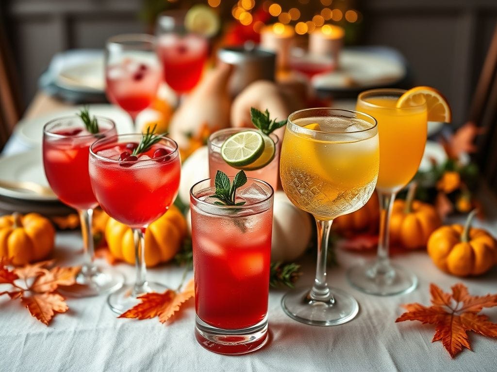Flick International A beautifully arranged Thanksgiving table showcasing colorful mocktails in elegant glassware