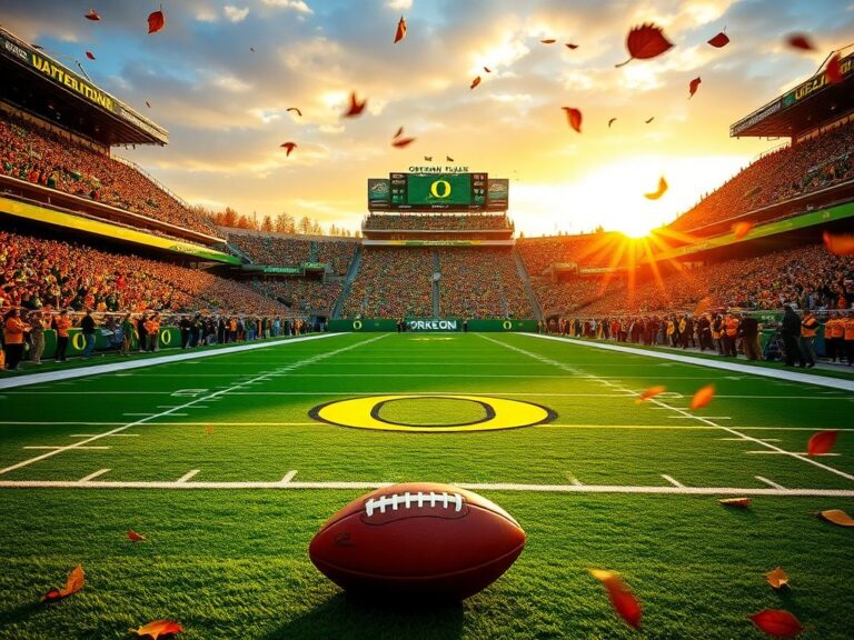Flick International Vibrant autumn scene at Oregon Ducks football stadium with fans and sunset