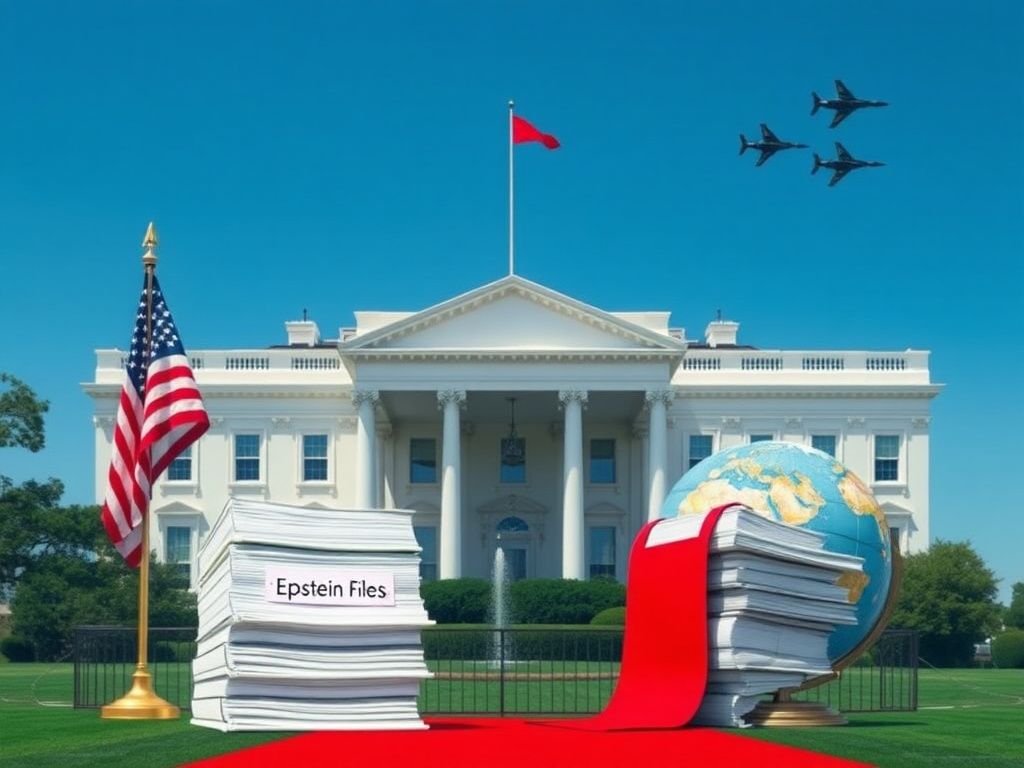 Flick International A stack of official documents labeled 'Epstein Files' beside a globe in front of the White House.