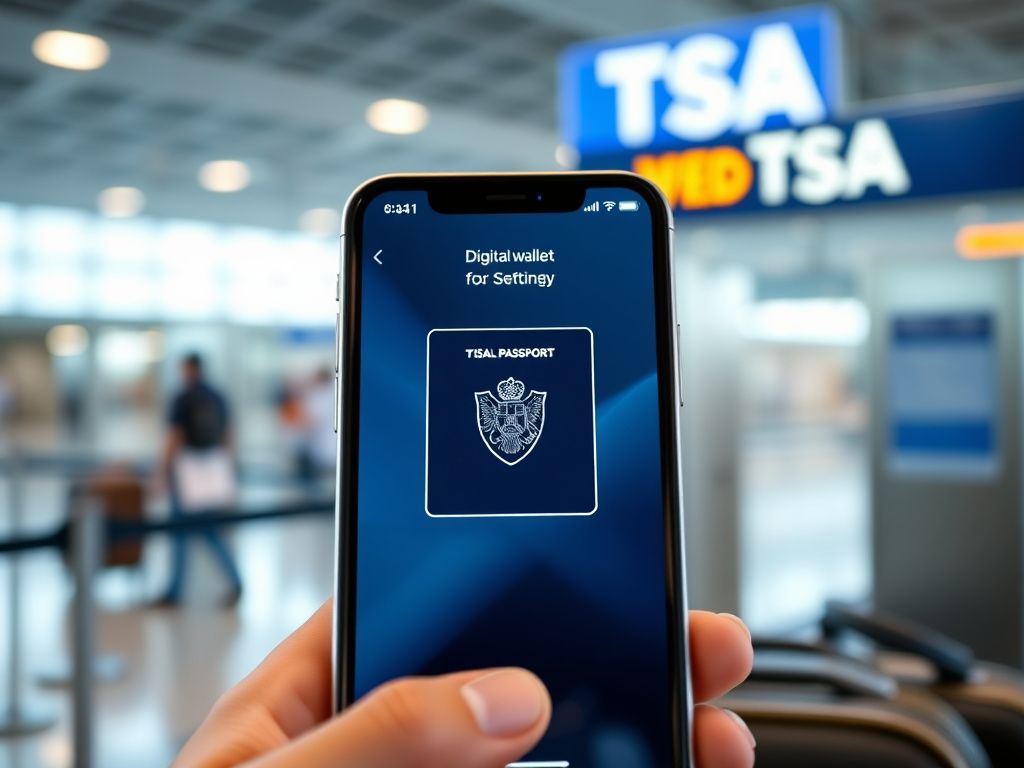 Flick International Close-up of an iPhone displaying a digital wallet app with a digital passport at an airport TSA checkpoint