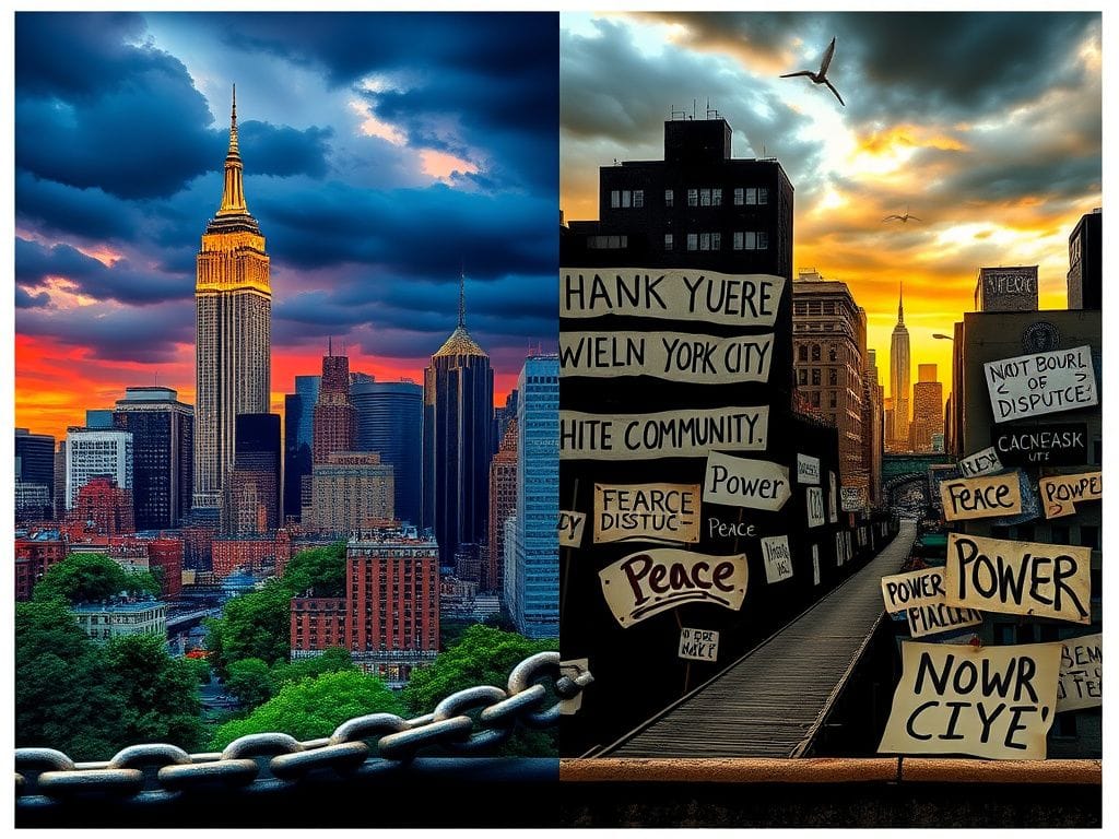 Flick International Split scene contrasting two cityscapes of New York City, one vibrant and hopeful, the other chaotic and dark