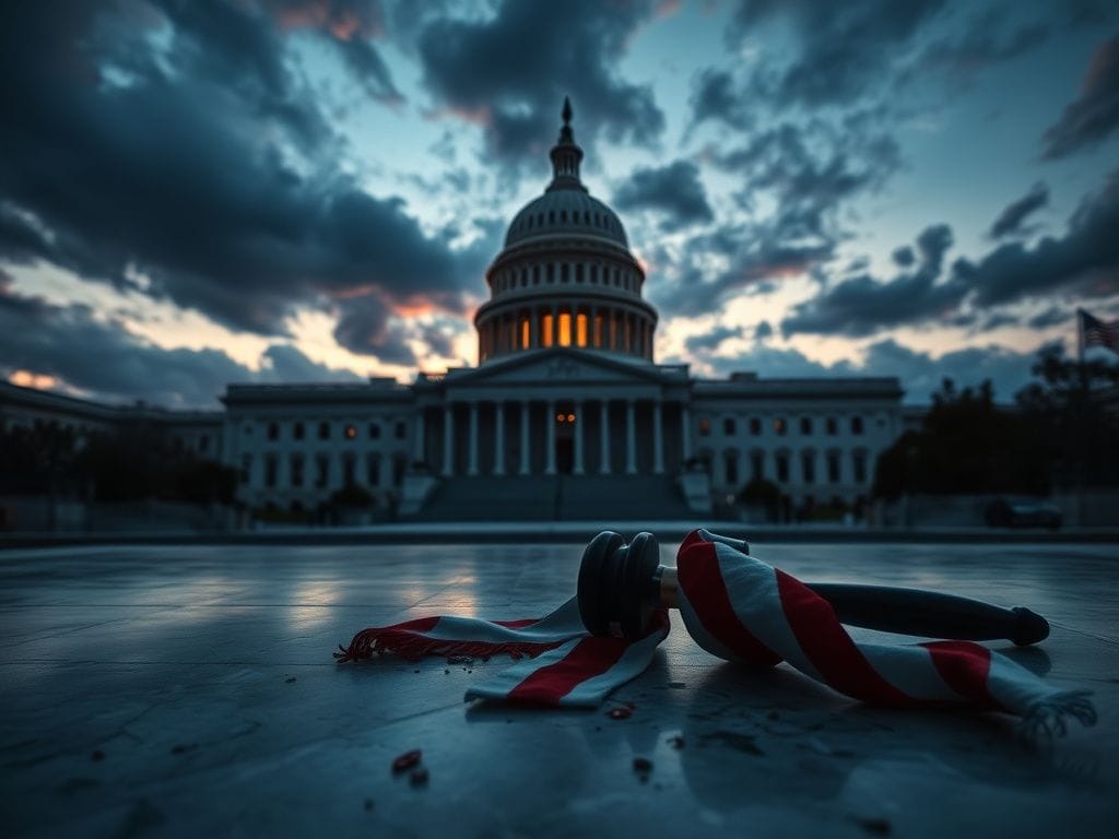 Flick International Dramatic view of the Capitol Building at dusk with a gavel and broken political banner foreground