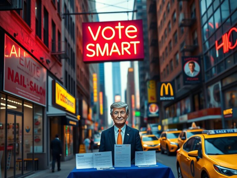 Flick International A bustling New York City street scene with small businesses and a political candidate cutout